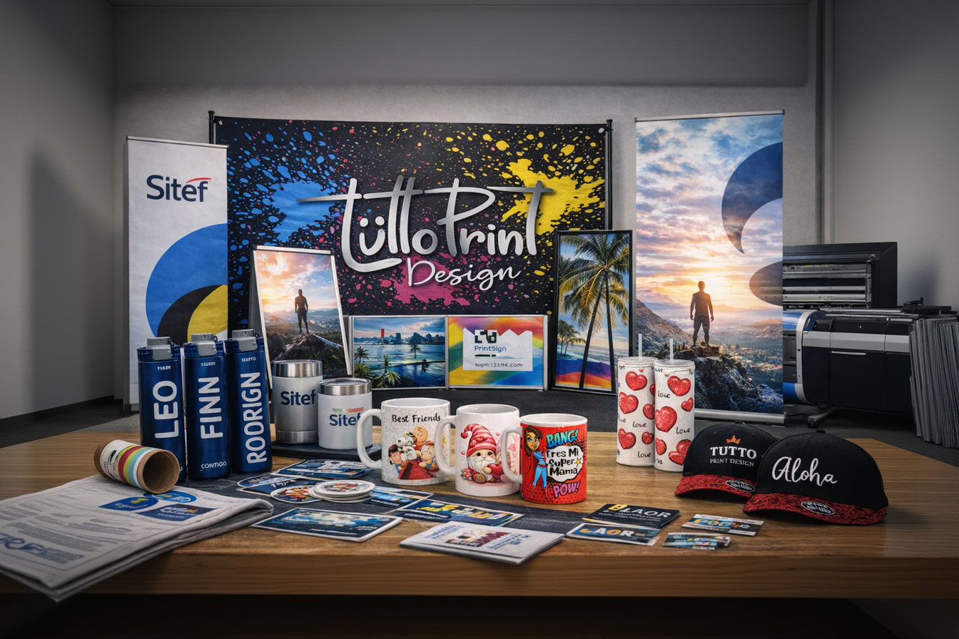 Display of printed products and promotional materials with 'TuttoPrint Design' branding.
